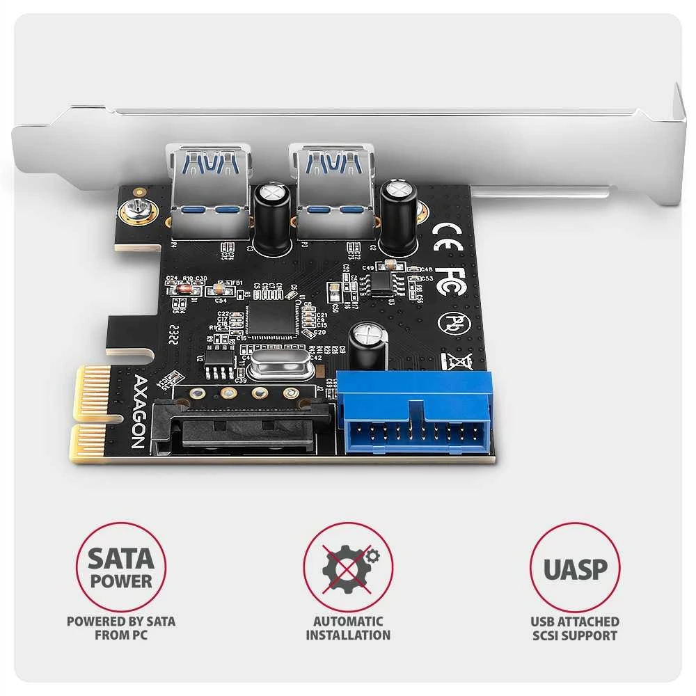 AXAGON PCEU-232RS PCIe kortelė - 2+2x USB 5Gbps prievadas, SATA maitinimas, Renesas PD720201, SP ir LP