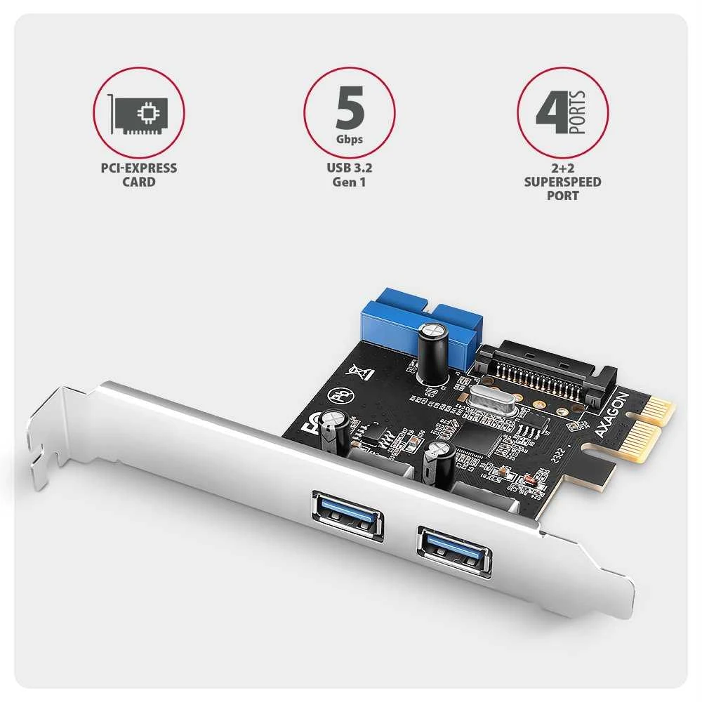 AXAGON PCEU-232RS PCIe kortelė - 2+2x USB 5Gbps prievadas, SATA maitinimas, Renesas PD720201, SP ir LP