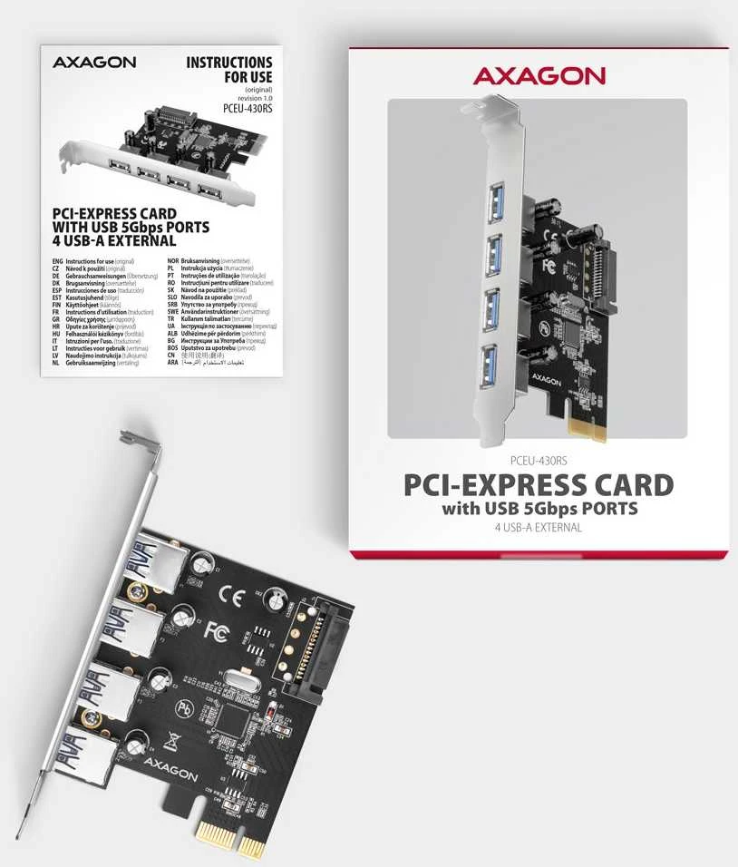 AXAGON PCEU-430RS PCIe kortelė - 4x USB 5Gbps prievadas, SATA maitinimas, Renesas PD720201, SP