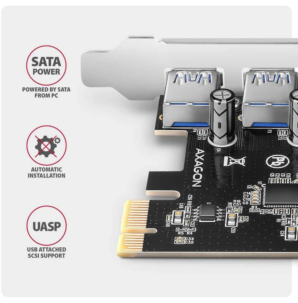 AXAGON PCEU-430RS PCIe kortelė - 4x USB 5Gbps prievadas, SATA maitinimas, Renesas PD720201, SP