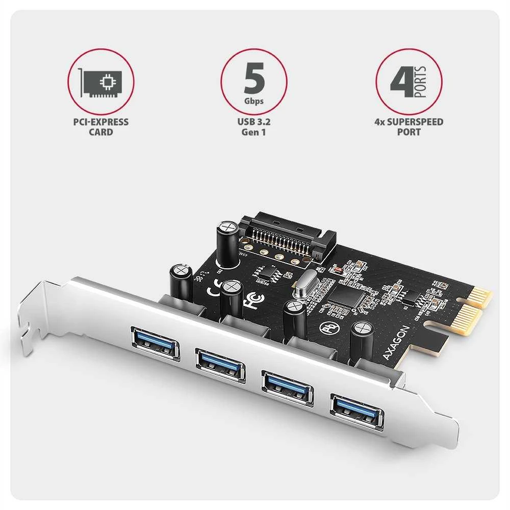 AXAGON PCEU-430RS PCIe kortelė - 4x USB 5Gbps prievadas, SATA maitinimas, Renesas PD720201, SP
