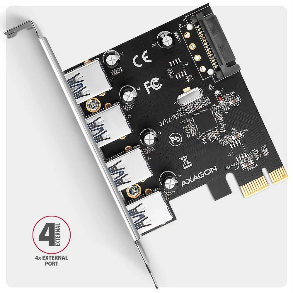 AXAGON PCEU-430RS PCIe kortelė - 4x USB 5Gbps prievadas, SATA maitinimas, Renesas PD720201, SP