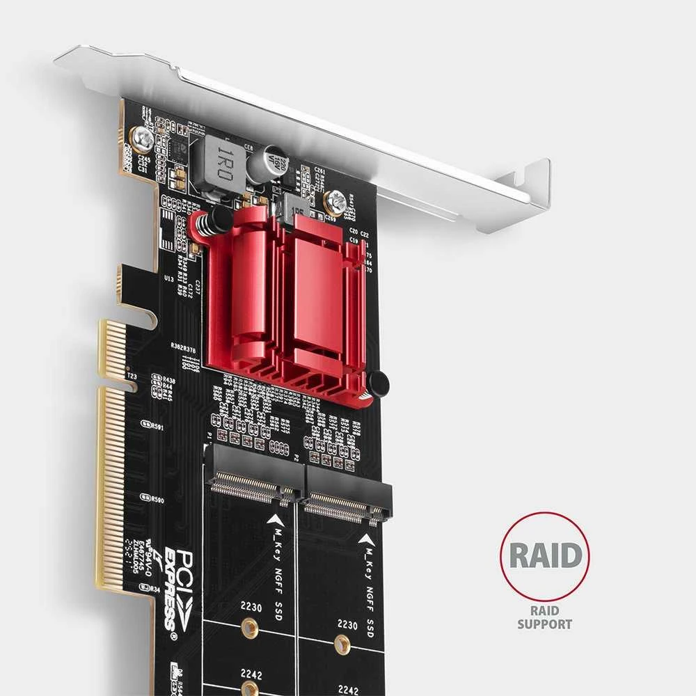 Axagon PCEM2-ND PCIE 2X NVME M.2 CONTROLLERPCI-Express x8 vidinis valdiklis, skirtas dviejų NVMe M.2 SSD diskų prijungimui prie kompiuterio. Palaiko pagrindines plokštes be PCIe Bifurcation.