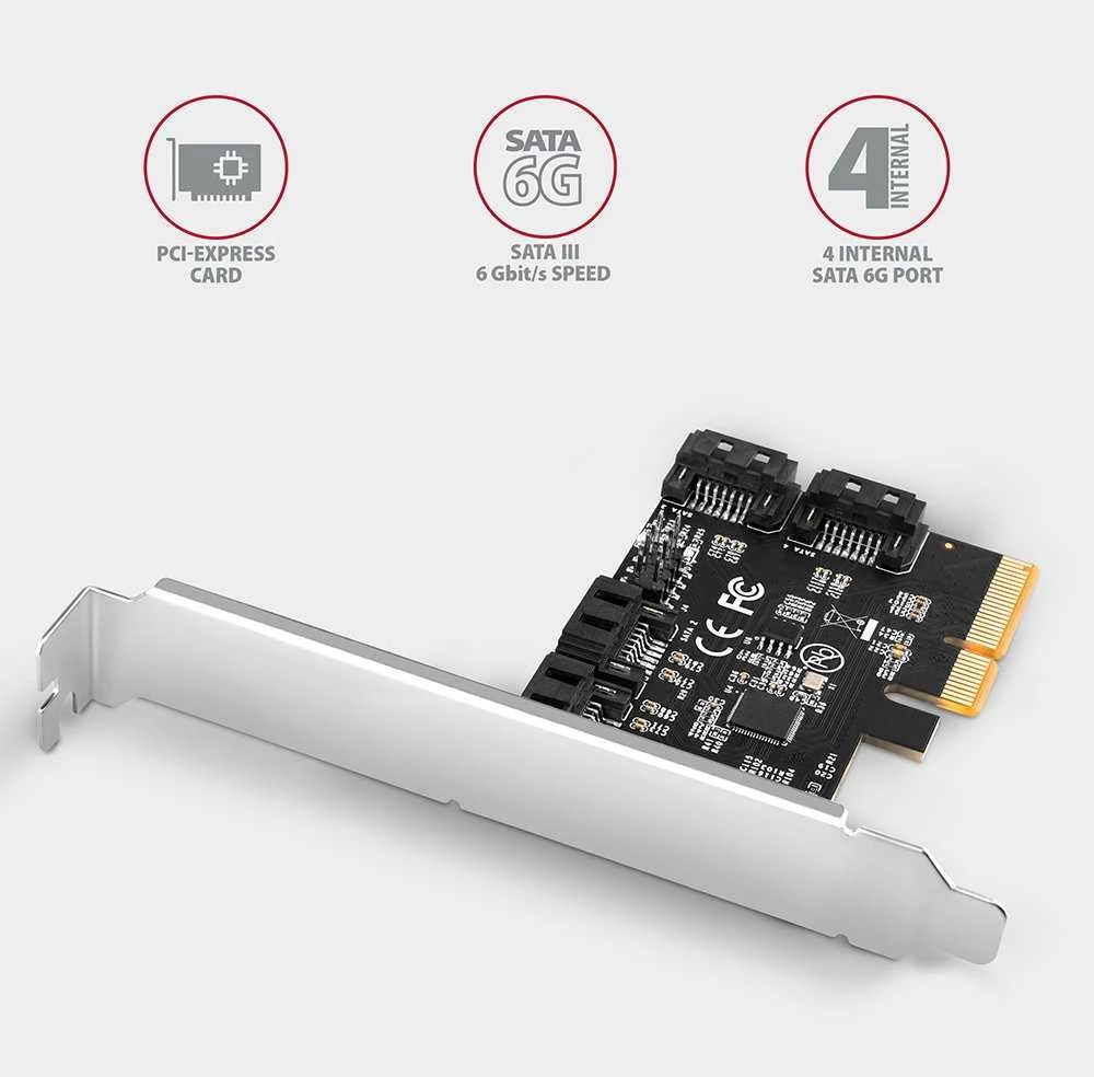 Axagon Keturių kanalų SATA III PCI-Express valdiklis su keturiais vidiniais SATA jungtys. Standartinis ir žemas profilis.