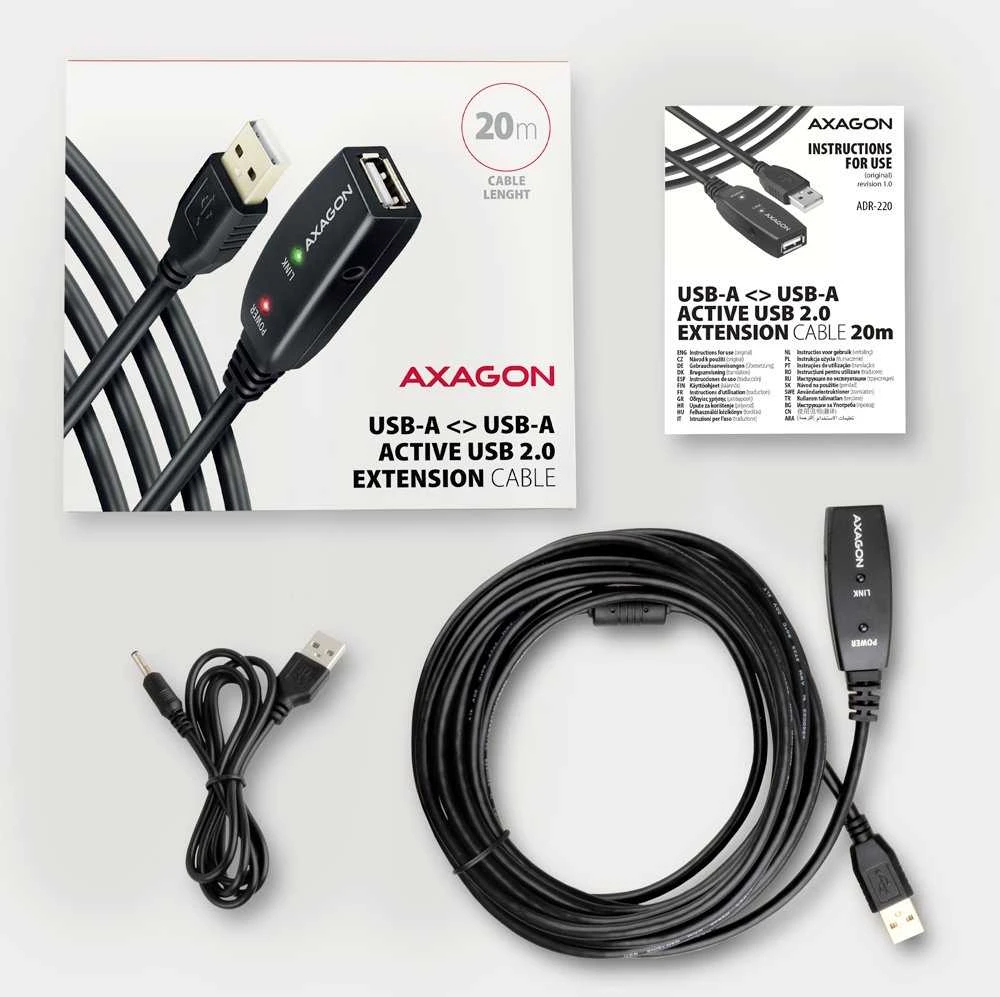 Axagon ADR-220 Aktyvus prailginimas USB 2.0 A-M > A-F laidas, 20 m ilgio. Maitinimo variantas.