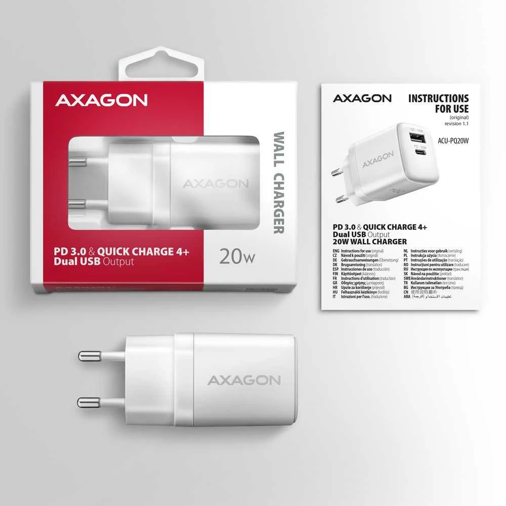 AXAGON ACU-PQ20W sieninis įkroviklis QC3.0/AFC/FCP + PD type-C, 20W, baltas
