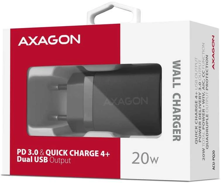 AXAGON ACU-PQ20 sieninis įkroviklis QC3.0/AFC/FCP + PD type-C, 20W, juodas