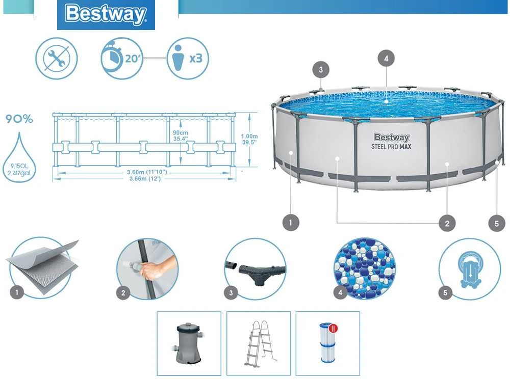 „BestWay Pool Steel Pro MAX“ baseino komplektas, apvalus, 366 x 100 cm