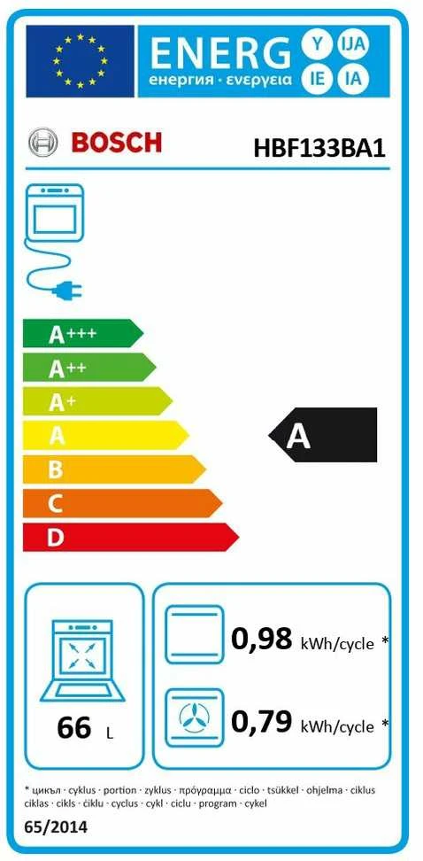 Bosch Orkaitė | HBF133BA1 | 66 l | Elektrinė | „EcoClean“ | Rankenėlės | Aukštis 59,5 cm | Plotis 59,4 cm | Juoda