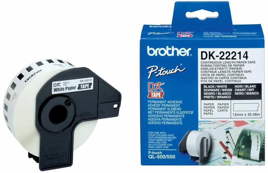 Brother Brolis | DK-22214 Nepertraukiamo ilgio popierinė etiketė | Juodas, Baltas | DK | 12 mm | 30,5 m