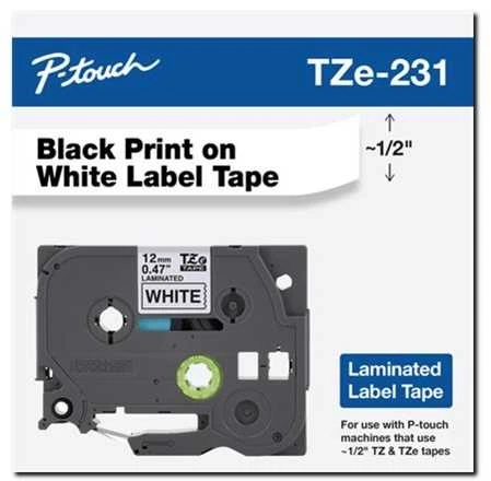 Brother | TZ-231 Laminated Tape | Juodas on Baltas | TZe | 8 m | 1.2 cm