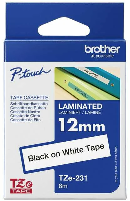 Brother | TZ-231 Laminated Tape | Juodas on Baltas | TZe | 8 m | 1.2 cm