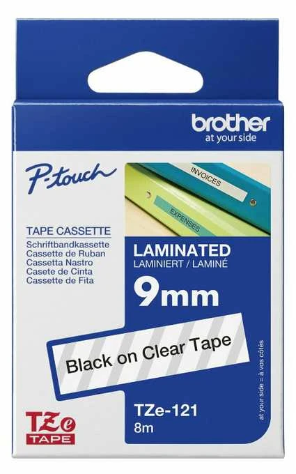 Brother Brolis | TZe-121 laminuota juosta | Juodas ant Clear | TZe | 8 m | 9 cm