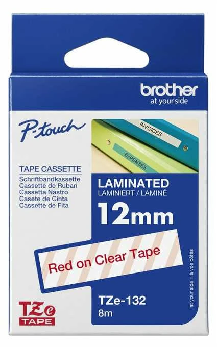 Brother Brolis | TZe-132 laminuota juosta | Raudona on Clear | TZe | 8 m | 1,2 cm