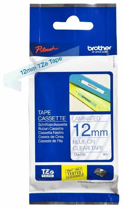 Brother Brolis | TZe-133 laminuota juosta | Mėlyna ant Clear | TZe | 8 m | 1,2 cm