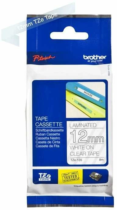 Brother Brolis | TZe-135 laminuota juosta | Baltas ant Clear | TZe | 8 m | 1,2 cm