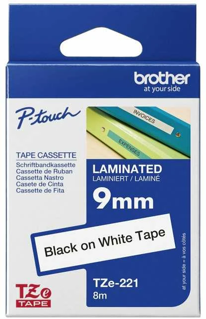 Brother | TZe-221 Laminated Tape | Juodas on Baltas | TZe | 8 m | 9 cm