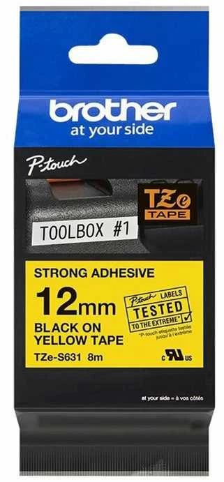 Brother | TZe-S631 Strong Adhesive Laminated Tape | Juodas on Geltona | TZe | 8 m | 1.2 cm