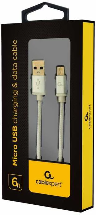 Gembird „Cablexpert“ medvilninis pintas „Micro-USB“ laidas su metalinėmis jungtimis, 1,8 m, sidabrino spalvos, lizdinėje plokštelėje | „Cablexpert“