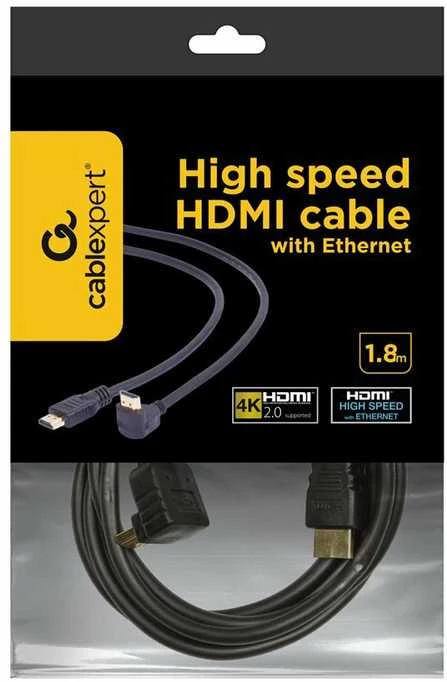 Gembird Cablexpert | HDMI didelės spartos 90 laipsnių kištukas į tiesų kištuką, 19 kontaktų, auksiniu dangteliu dengtos jungtys | HDMI 19 kontaktų kištukas | HDMI 90 laipsnių kištukas | 1,8 m