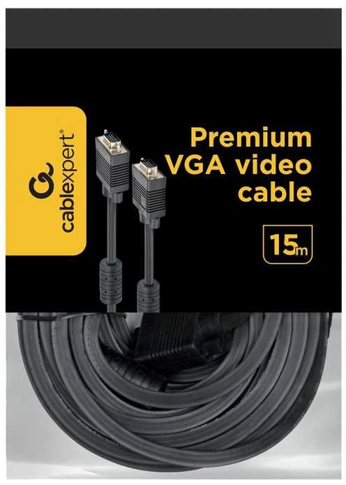 Gembird „Cablexpert Premium VGA HD15M/HD15M“ dvigubai ekranuotas su 2 ferito šerdimis, 15M kabelis, Juodas | Cablexpert