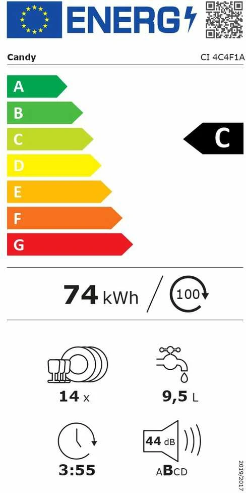 Candy Indaplovė | CI 4C4F1A | Įmontuojama | Plotis 60 cm | Indų komplektų skaičius: 14 | Programų skaičius: 8 | Energijos vartojimo efektyvumo klasė: C | Ekranas