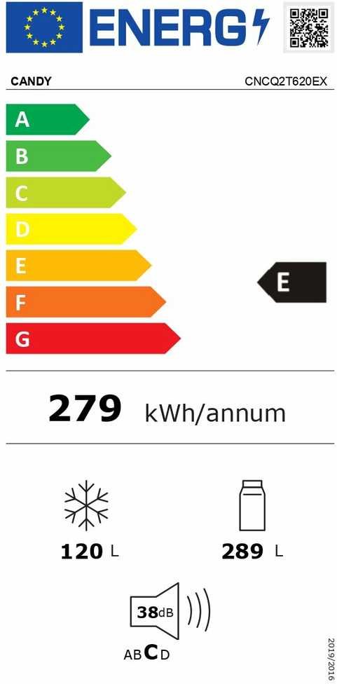 Candy Šaldytuvas | CNCQ2T620EX | Energijos vartojimo efektyvumo klasė E | Laisvai stovintis | Kombinuotas | Aukštis 205 cm | No Frost sistema | Šaldytuvas neto talpa 289 L | Šaldiklis neto talpa 120 L | Ekranas | 38 dB | Nerūdijantis plienas