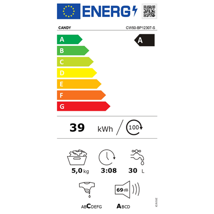 Candy | Skalbimo mašina | CW50-BP12307-S | Energy efficiency class A | Front loading | Skalbimo talpa 5kg | 1200 RPM | Gylis 49 cm | Plotis 51 cm | Ekranas | LCD | Baltas