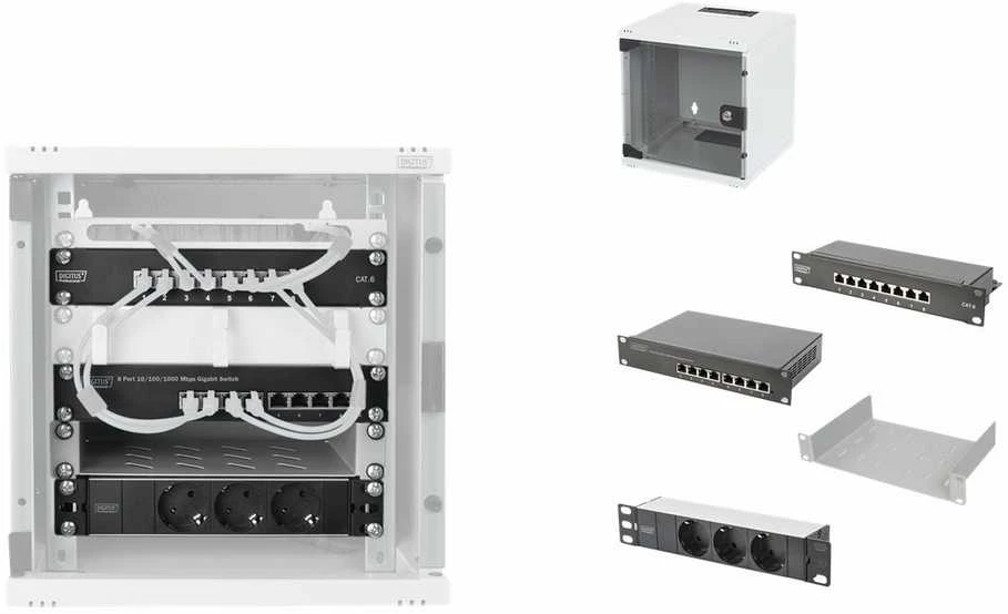 Digitus 10" tinklo rinkinys, 6U spintelė, lentyna, PDU, 8 prievadų jungiklis, CAT 6 pataisų skydelis, Pilkas | Digitus | Tinklo rinkinys | DN-10-SET-1