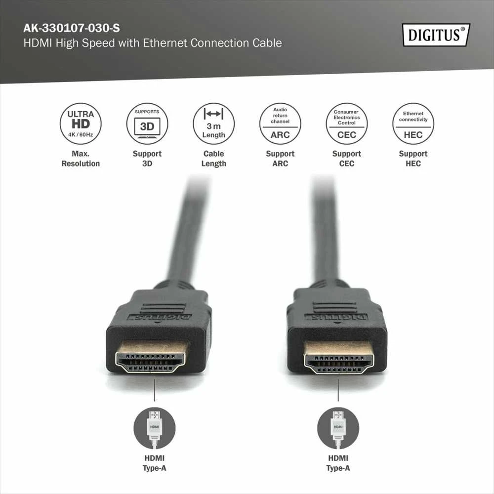 Assmann Electronic Assmann elektroninis ASSMANN HDMI 2.0 kabelis 2xHDMI A tipo kištukas HDMI didelės spartos su eternetu 3 m masiniu 4K Ultra HD ir 3D ARC CEC