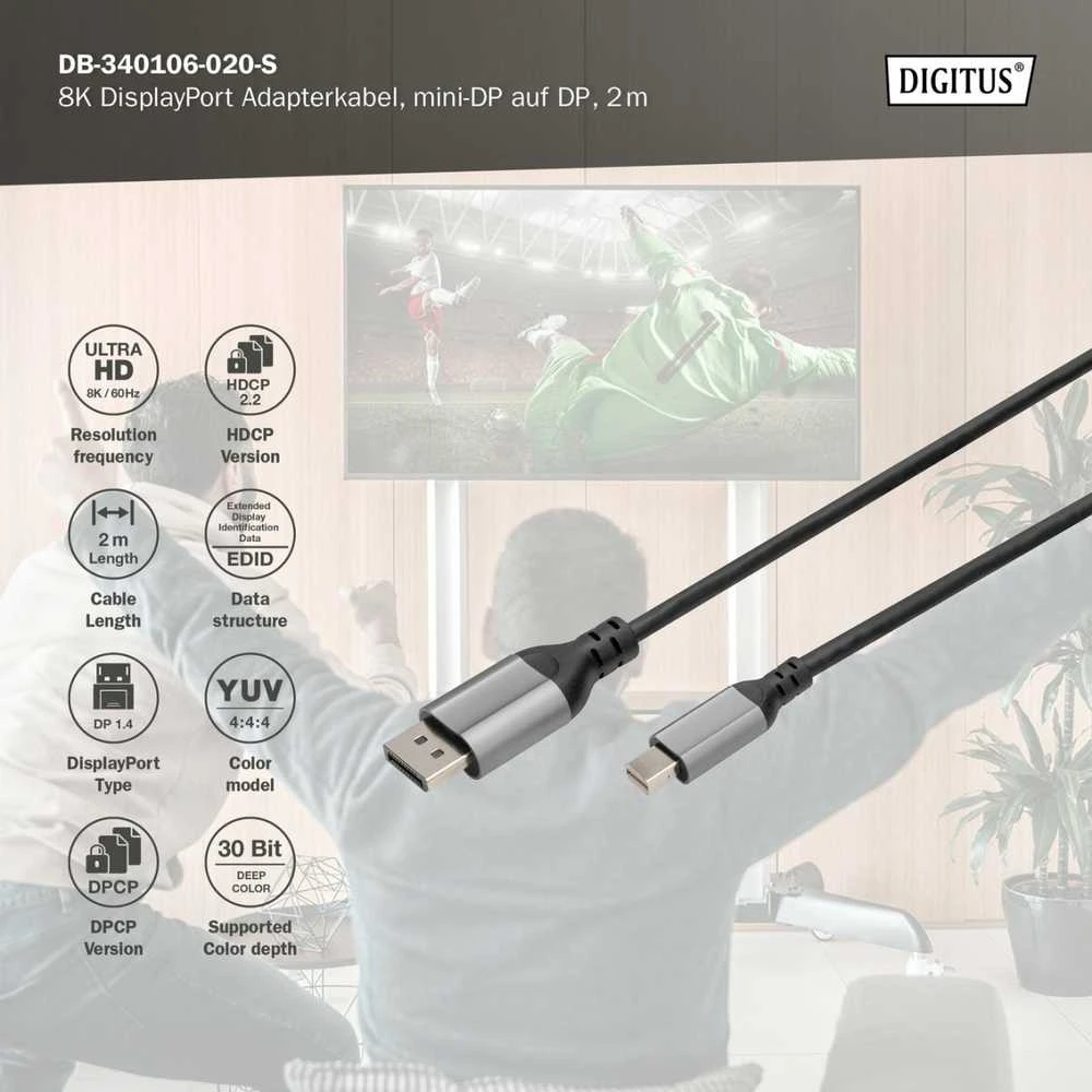 „Digitus“ | 8K „DisplayPort“ adapterio laidas, „Mini DP“ į „DP“, 2 m | DB-340106-020-S | „DisplayPort“ į „DisplayPort“