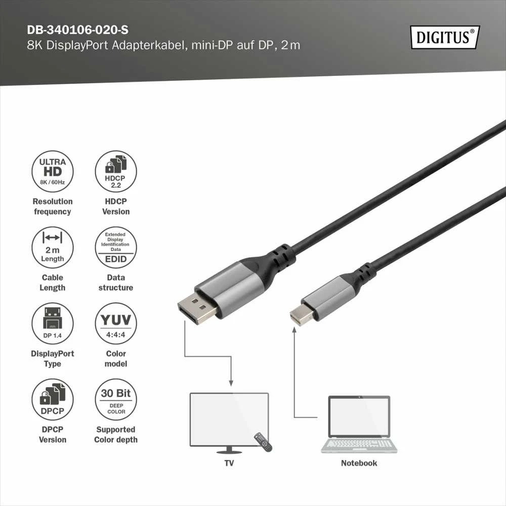 Digitus Mini DP į DP kabelis su technine specifikacija