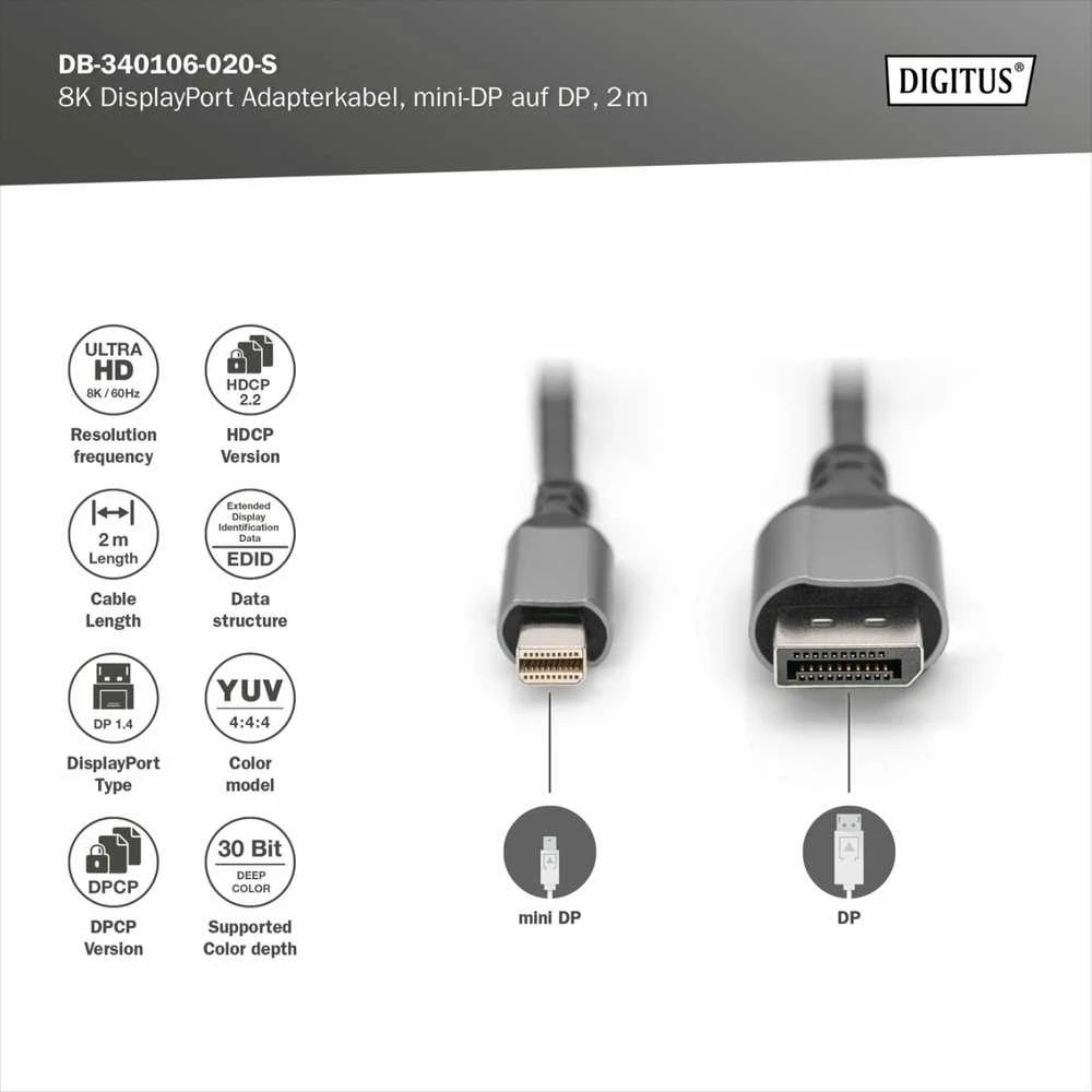 „Digitus“ | 8K „DisplayPort“ adapterio laidas, „Mini DP“ į „DP“, 2 m | DB-340106-020-S | „DisplayPort“ į „DisplayPort“
