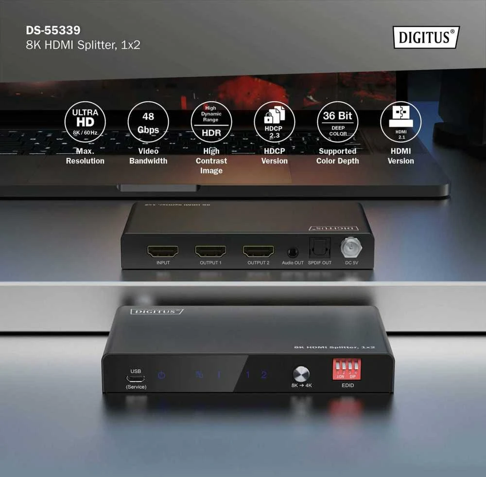 Digitus 8K HDMI Splitter, 1x2 | DS-55339 | Juodas