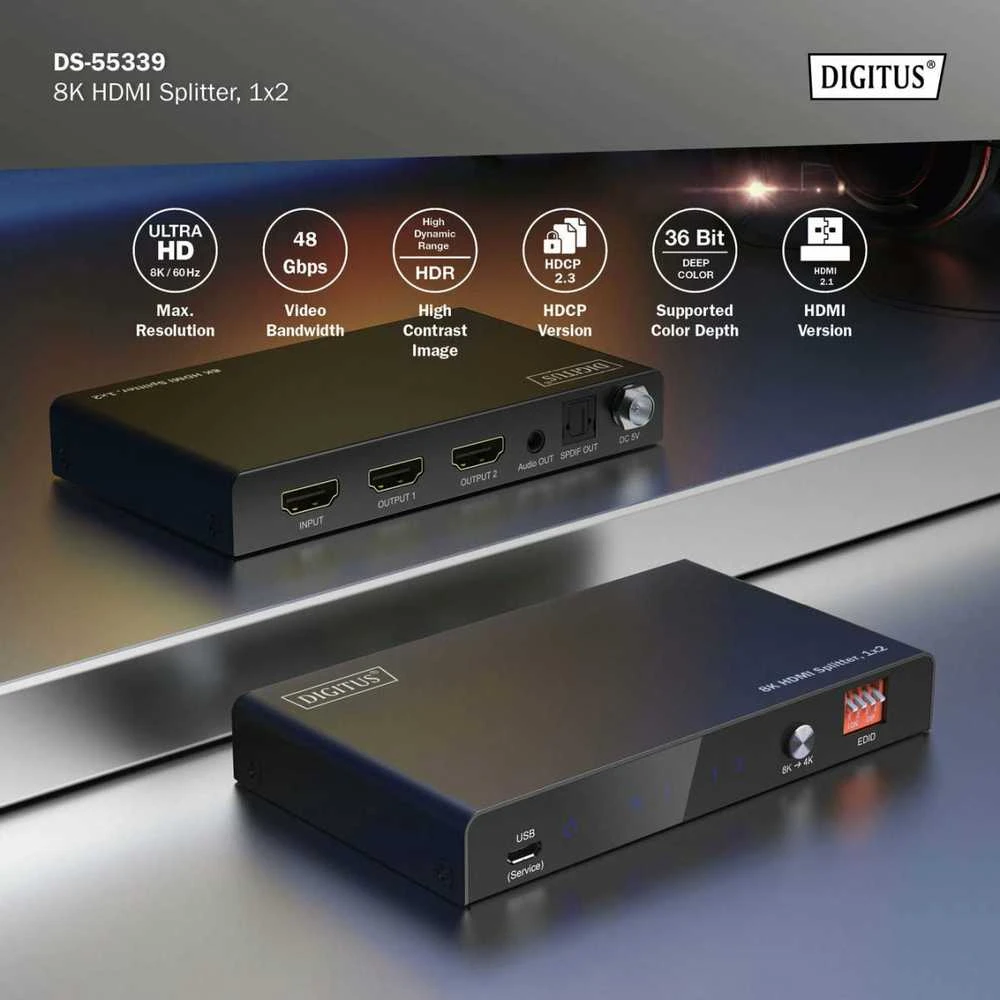 Digitus 8K HDMI Splitter, 1x2 | DS-55339 | Juodas