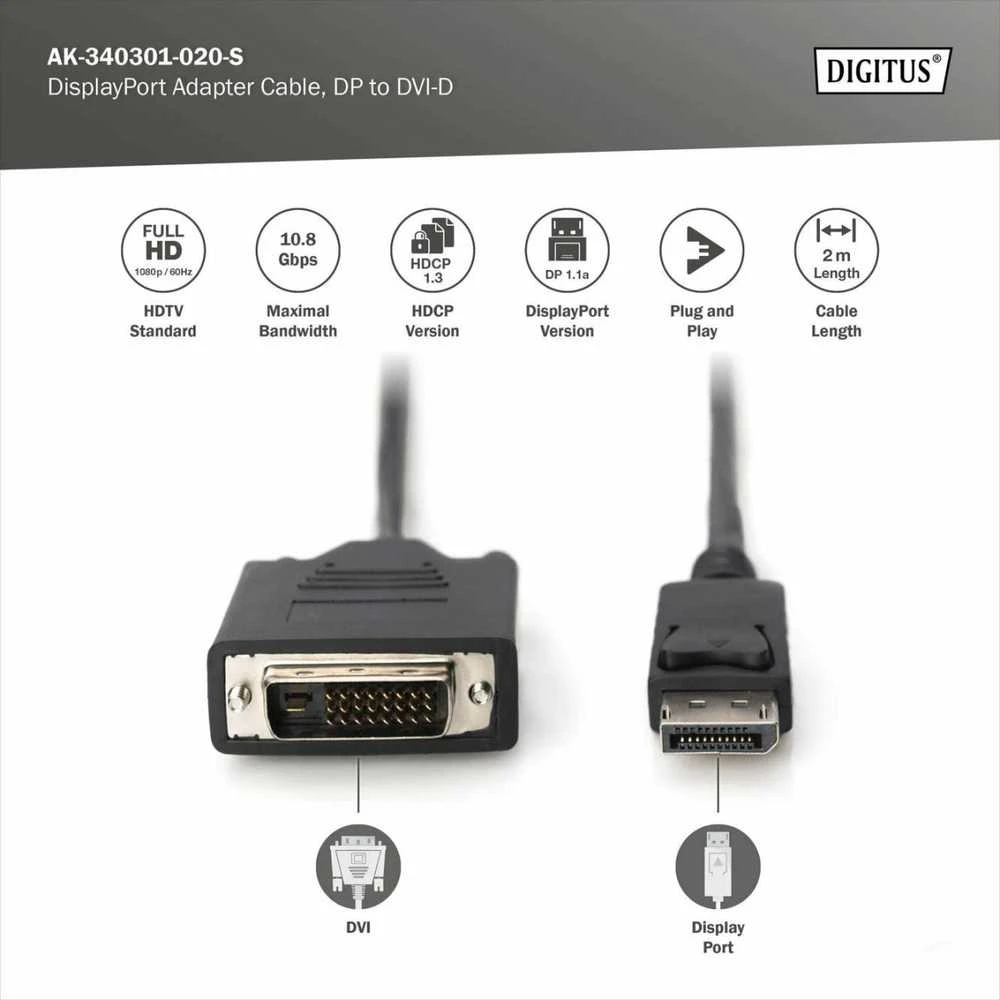 Assmann Electronic ASSMANN adapterio laidas DisplayPort 1.2 DVI-D 24+1 M/M skaitmeninis Full HD Dual Link 2m maks. 2560x1600