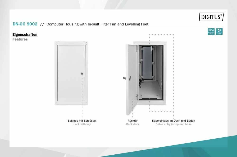 Digitus Kompiuterio korpusas su įmontuotu filtro ventiliatoriumi ir išlyginamomis kojelėmis | DN-CC 9002 | IP54 | Šviesus pilkas