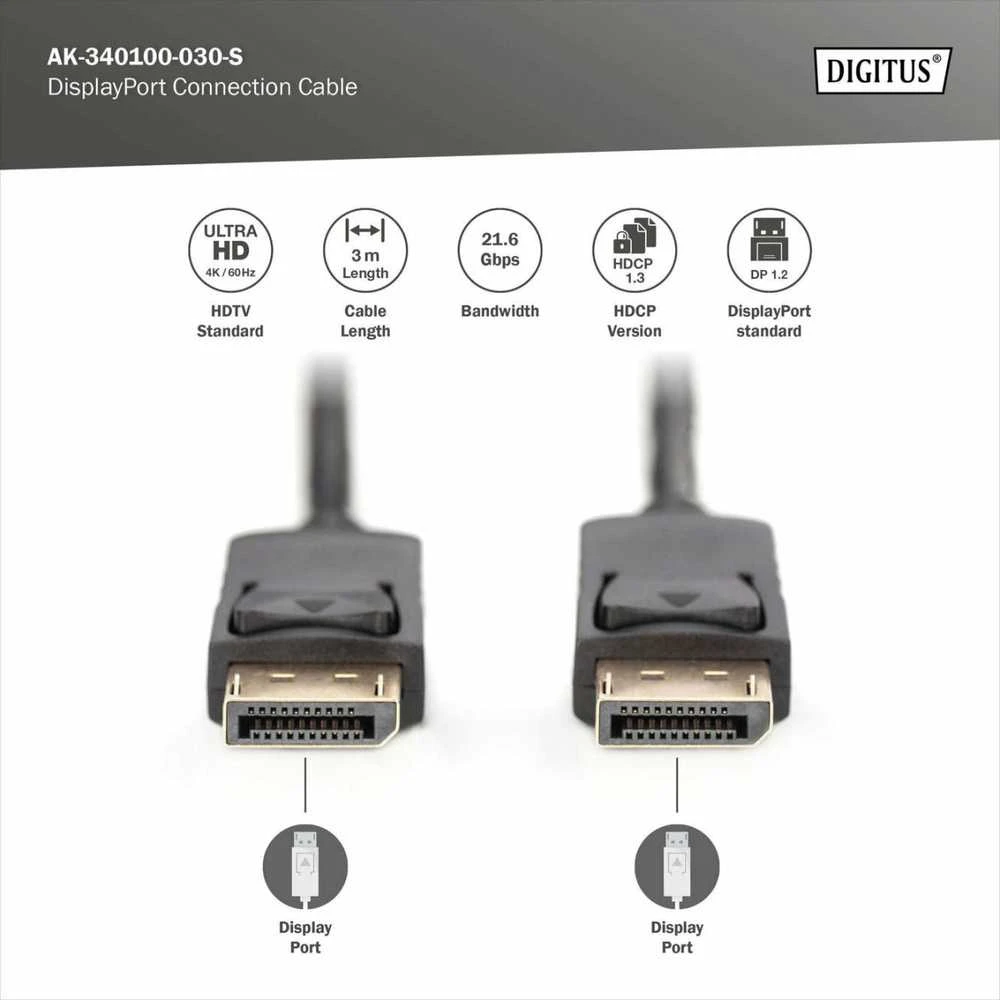 Assmann Electronic ASSMANN laidas Displayport 3m AWG28 2xekranuotas 20 kontaktų juodas