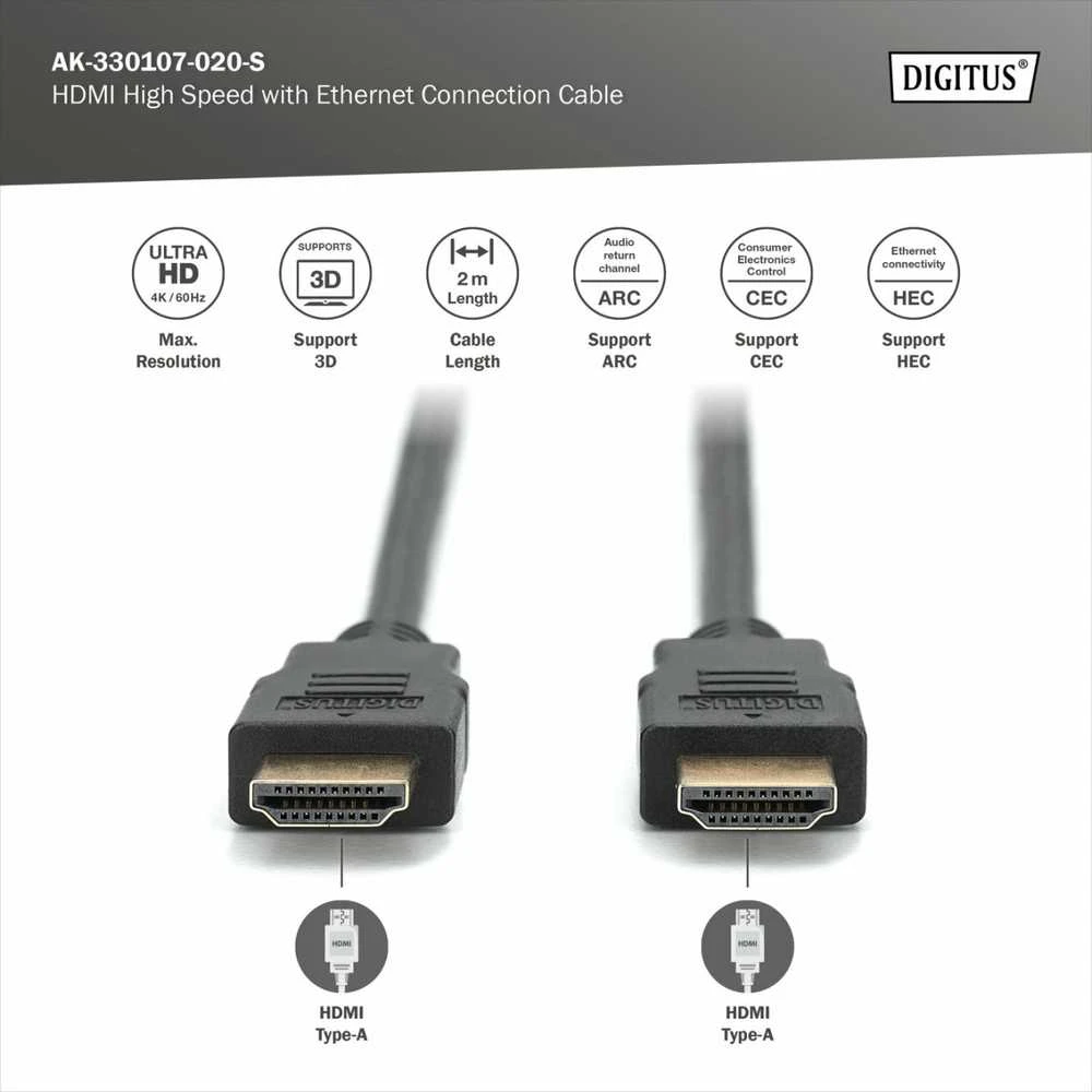 Assmann Electronic ASSMANN HDMI 2.0 kabelis 2xHDMI A tipo kištukas didelės spartos HDMI su 2 m eterneto 4K Ultra HD ir 3D ARC CEC