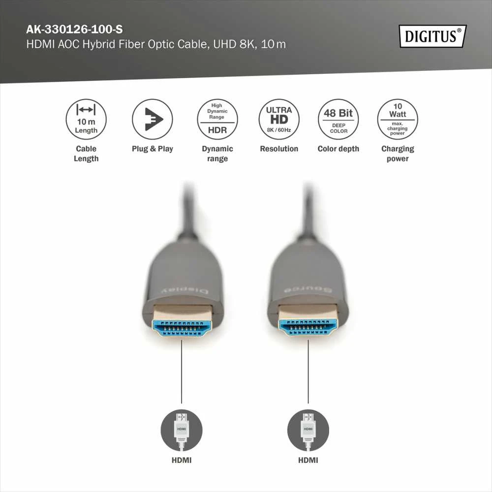 Assmann Electronic ASSMANN HDMI AOC Hibridinio pluošto jungties kabelis Tipas AM/M 10m UHD 8K60Hz CE auksinis bl