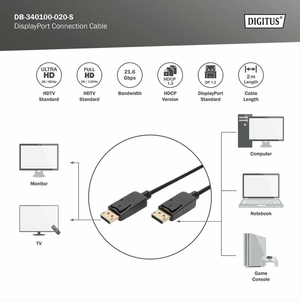 Assmann Electronic „Digitus DisplayPort“ jungties kabelis | DisplayPort | 2 m