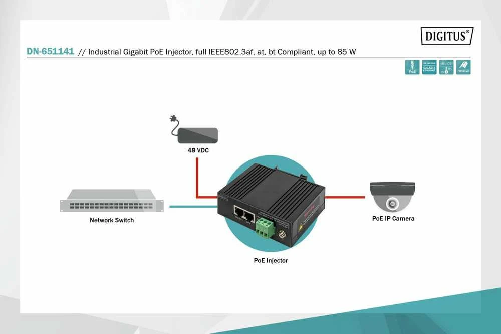 Šakotuvas „Digitus“ | DN-651141 gigabito EthernetPoE injektorius, pramoninis