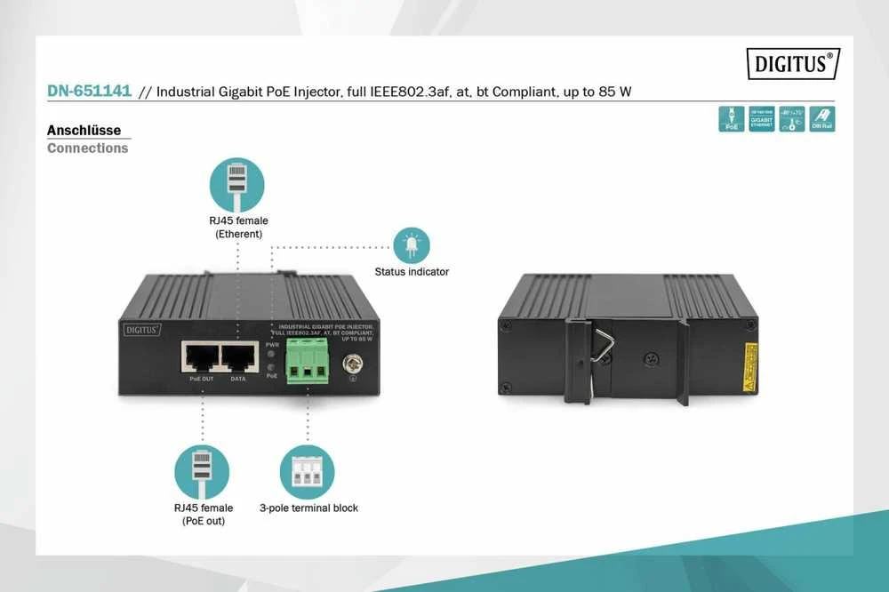 Šakotuvas „Digitus“ | DN-651141 gigabito EthernetPoE injektorius, pramoninis