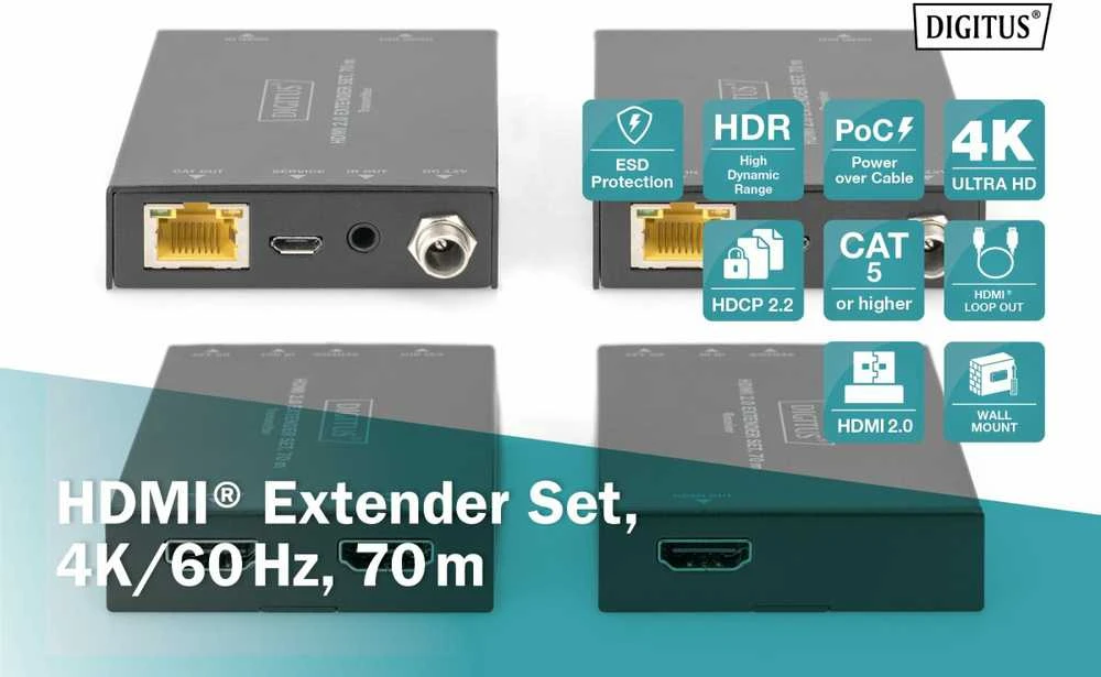 Assmann Electronic DIGITUS HDMI 2.0 plėstuvo rinkinys 70m 4K/60Hz 18Gbps HDCP 2.2 HDR PoC