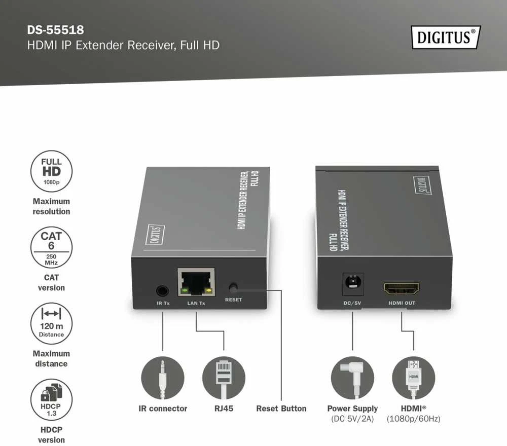 Digitus | HDMI IP Extender Receiver, Full HD | DS-55518