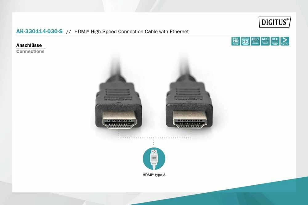 Assmann Electronic ASSMANN HDMI Standartinis A tipo jungiamasis kabelis M/M 3.0m su eternetu Full HD auksinis bl