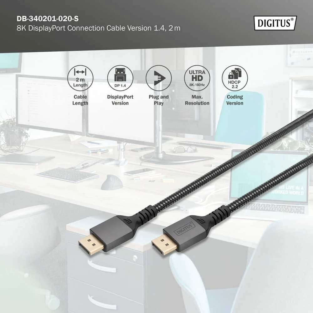 „Digitus“ | 8K „DisplayPort“ jungiamasis kabelis, 1.4 versija | DB-340201-020-S | „DisplayPort“ į „DisplayPort“
