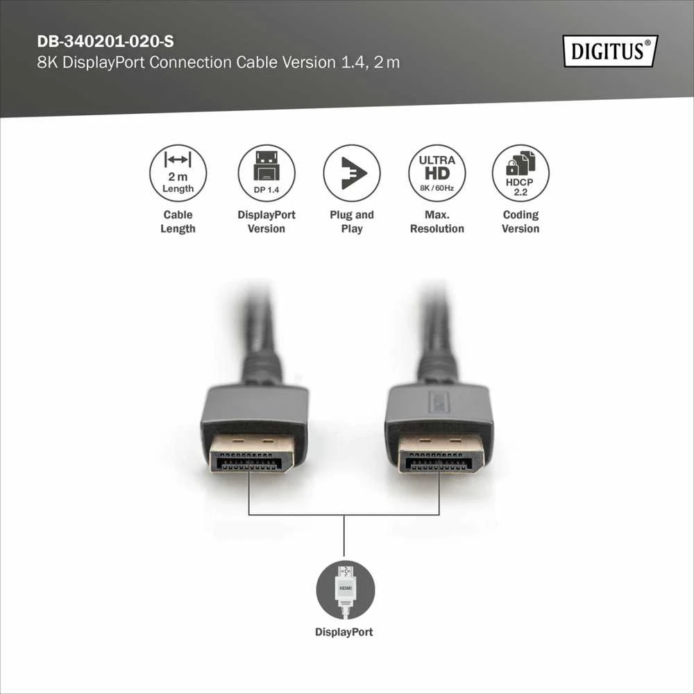 „Digitus“ | 8K „DisplayPort“ jungiamasis kabelis, 1.4 versija | DB-340201-020-S | „DisplayPort“ į „DisplayPort“