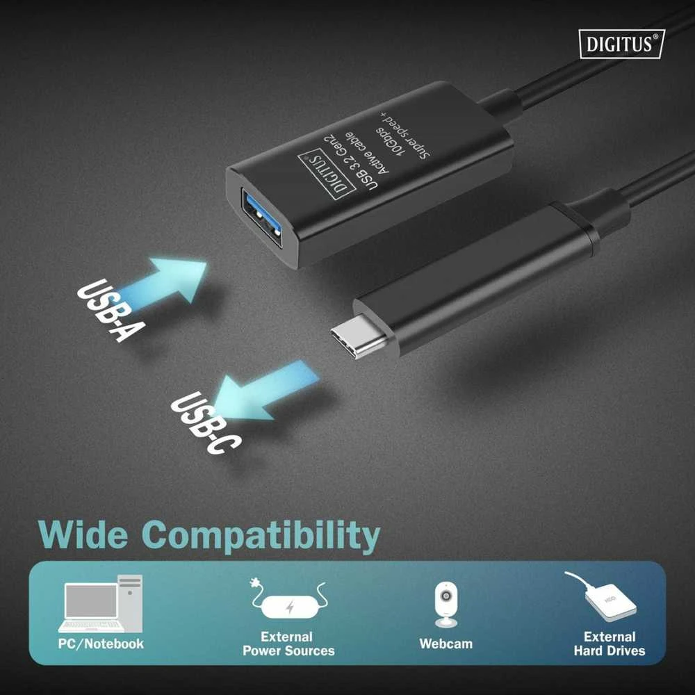 Digitus Skaitmenas | Aktyvus USB 3.2 Gen2 10G ilgintuvas | DA-73113 | USB-C į USB-A