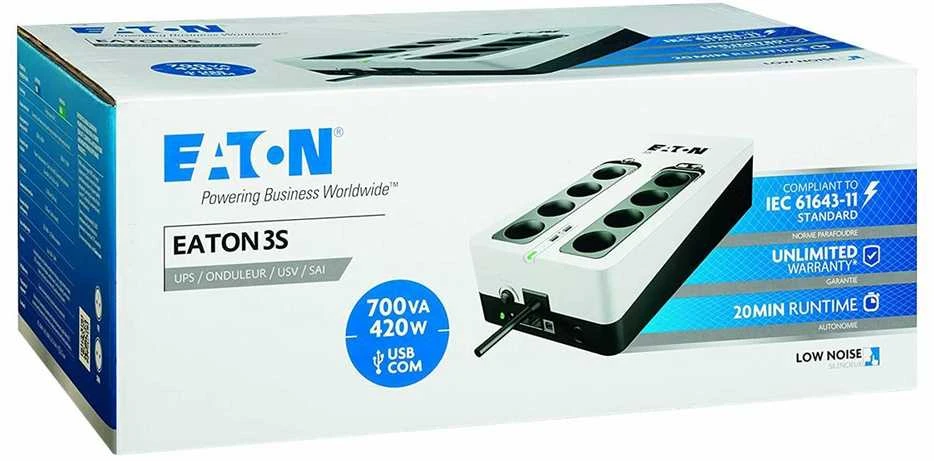 Eaton 3S700D nepertraukiamo maitinimo resursai (UPS) Budėjimo režimas (neprisijungus) 700 VA 420 W 8 AC išvestis(ys / čių)